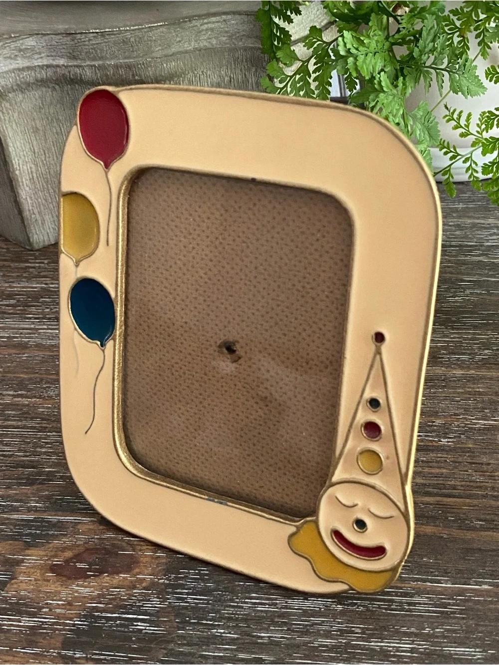 Vtg Bucklers Brass Enamel Clown Balloons Picture Frame Beige Red Yellow Blue 4x6